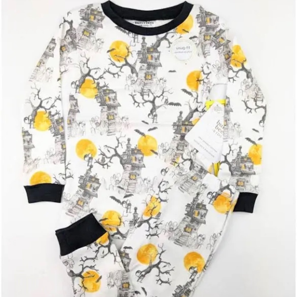 Burt's Bees Kids Halloween Pajama Set Size 4T - Haunted House, Yellow and Gray